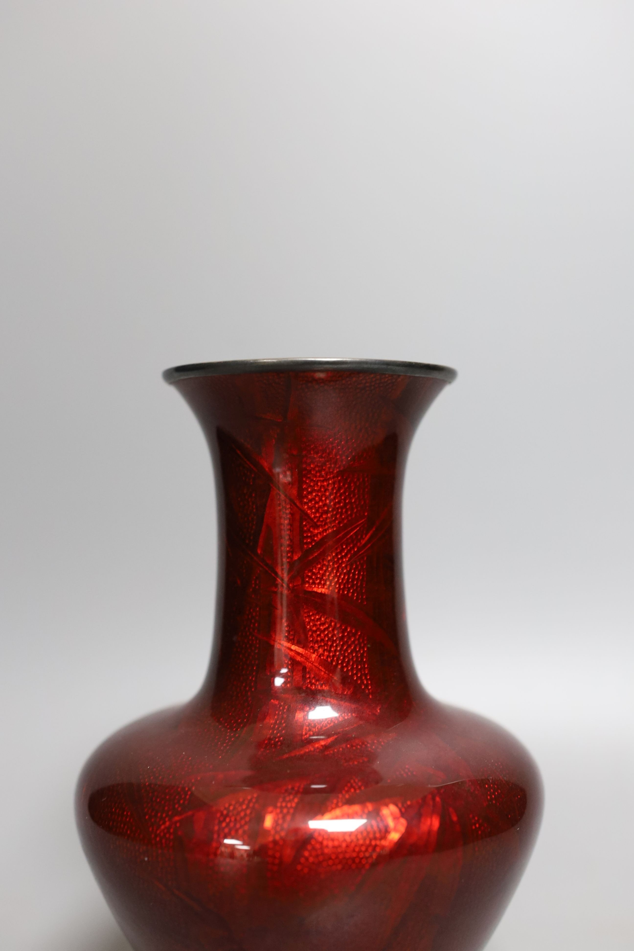 A Japanese red Ginbari enamel vase, by Ando, Taisho period, marked to base - 19cm tall, probably silver rimmed